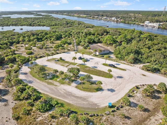 birds eye view of property with a forest view and a water view