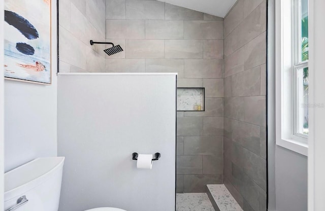 bathroom with vaulted ceiling, walk in shower, and toilet