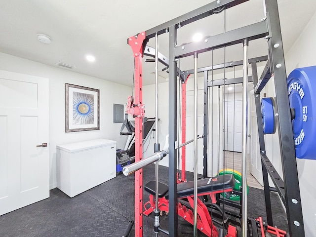 364 Palm Cir, Flagler Beach, FL 32136 - exercise room featuring electric panel and visible vents