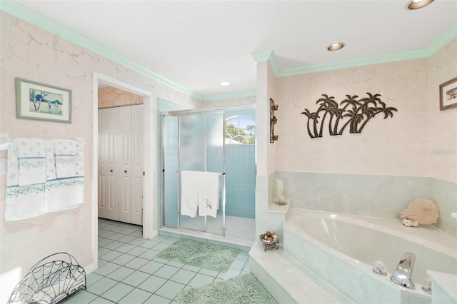 33 Poinsettia Ln, Palm Coast, FL 32164 - bathroom featuring crown molding, a bath, a stall shower, tile patterned flooring, and recessed lighting