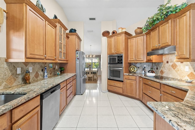 33 Poinsettia Ln, Palm Coast, FL 32164 - kitchen with stainless steel appliances, under cabinet range hood, light stone counters, and glass insert cabinets
