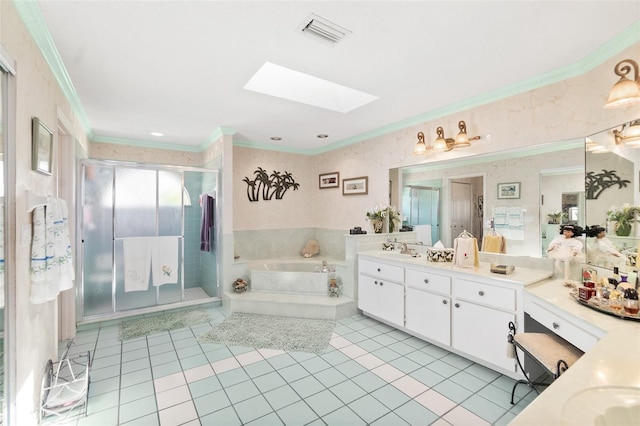 33 Poinsettia Ln, Palm Coast, FL 32164 - full bath featuring crown molding, a bath, vanity, a skylight, and a stall shower