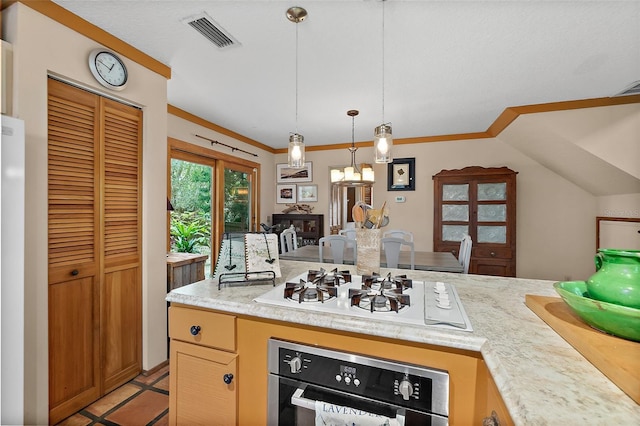 kitchen with light countertops, visible vents, white gas cooktop, open floor plan, and black oven