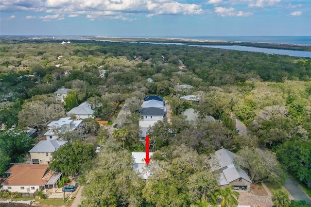 drone / aerial view with a water view and a forest view