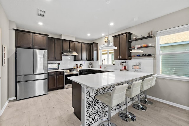 kitchen featuring tasteful backsplash, light countertops, appliances with stainless steel finishes, dark brown cabinets, and a peninsula