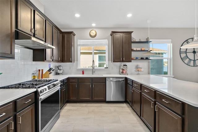 kitchen with dark brown cabinetry, under cabinet range hood, a peninsula, a sink, and appliances with stainless steel finishes