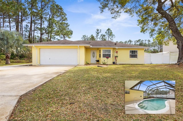 single story home featuring stucco siding, a front yard, glass enclosure, fence, and a garage