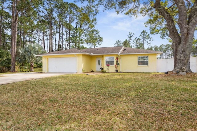 ranch-style home featuring a garage, fence, concrete driveway, stucco siding, and a front lawn