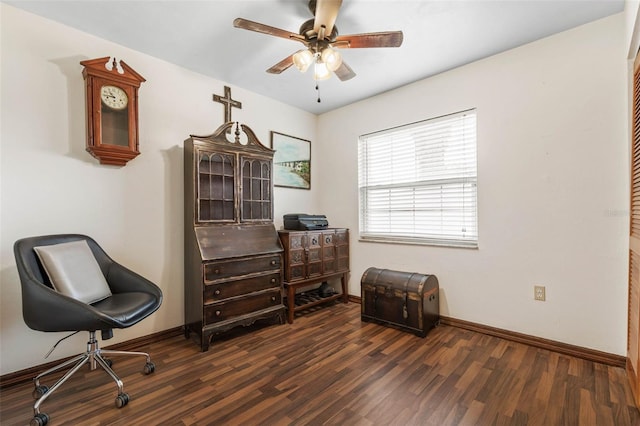 home office with ceiling fan, baseboards, and wood finished floors