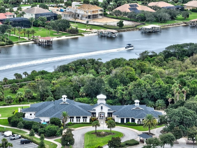 aerial view featuring a water view