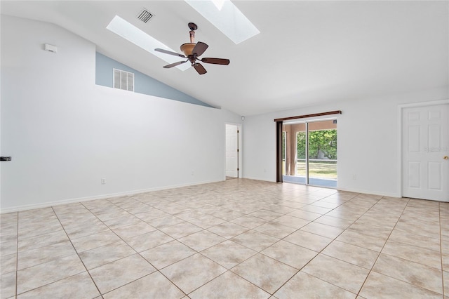 empty room with a skylight, visible vents, and ceiling fan