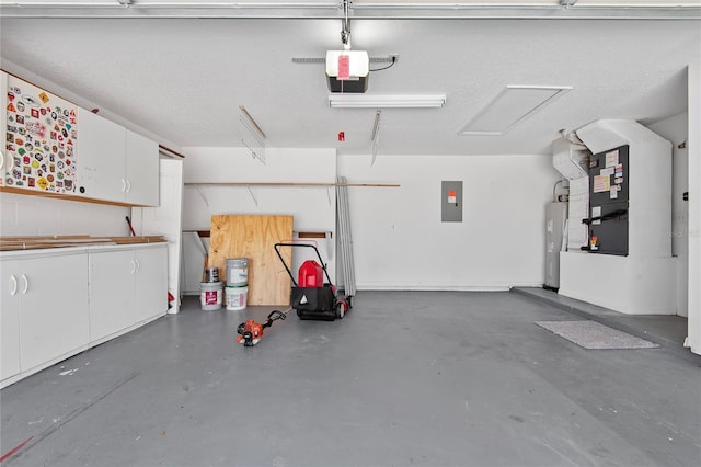 garage with water heater, electric panel, and a garage door opener