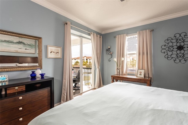 bedroom featuring access to exterior and ornamental molding