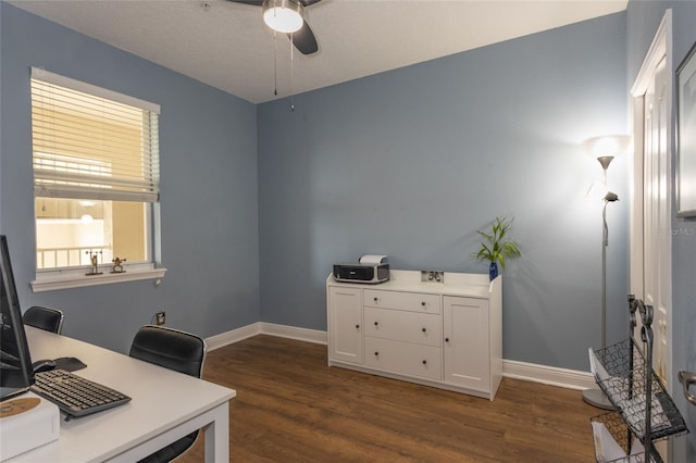 office area featuring dark wood-style flooring, a ceiling fan, and baseboards