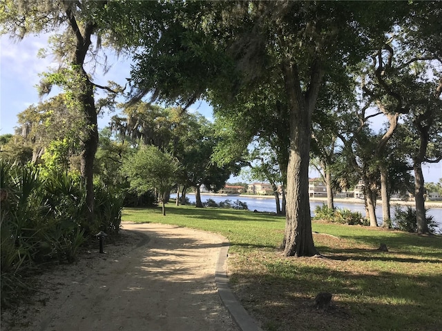 view of community featuring a lawn and a water view