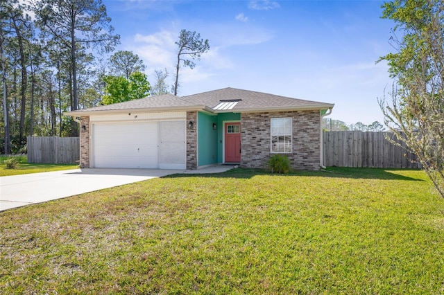 view of front of house with a front lawn, brick siding, a garage, and driveway