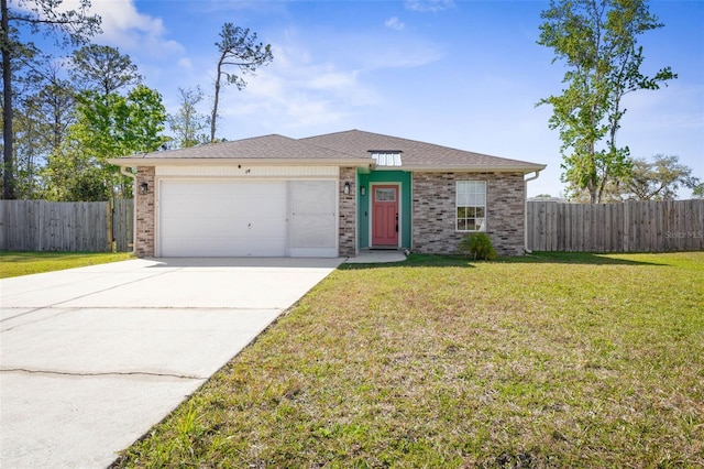 view of front of property with a front yard, fence, concrete driveway, a garage, and brick siding