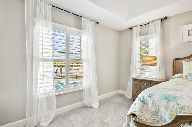 bedroom with light colored carpet and baseboards