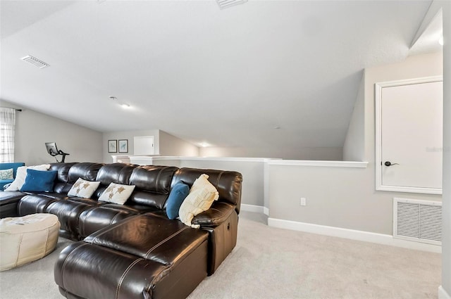 living area featuring vaulted ceiling, light colored carpet, visible vents, and baseboards