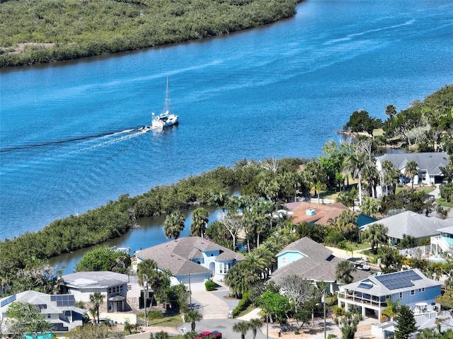 aerial view featuring a water view and a residential view