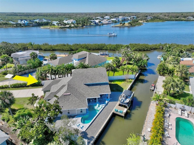 aerial view featuring a water view