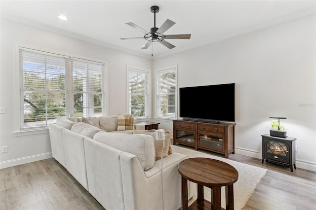 living area with a wood stove, a healthy amount of sunlight, light wood-type flooring, and baseboards