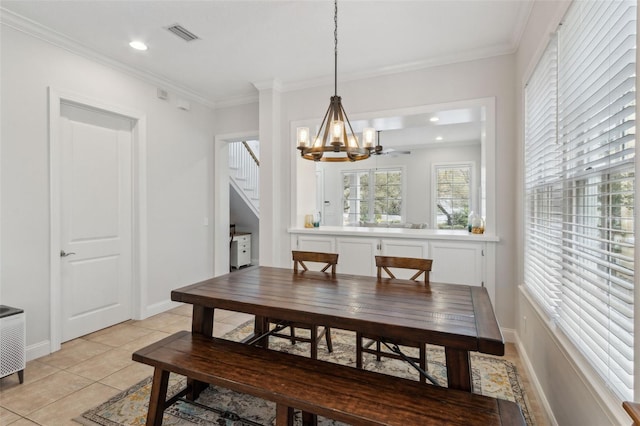 dining room featuring visible vents, an inviting chandelier, light tile patterned flooring, recessed lighting, and ornamental molding