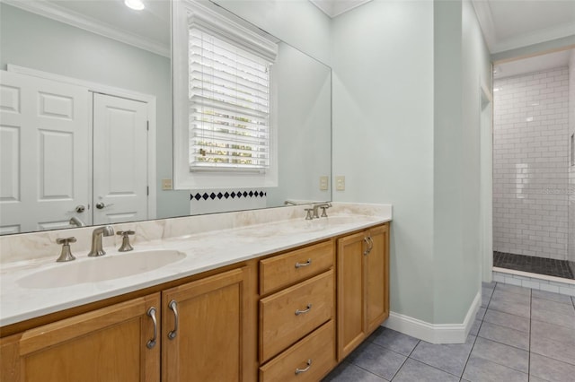 full bathroom featuring a sink, double vanity, crown molding, and tile patterned flooring