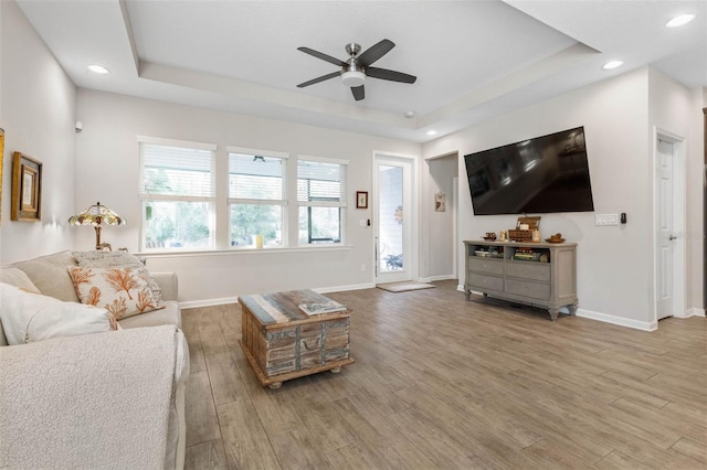 living area featuring baseboards, a raised ceiling, and wood finished floors