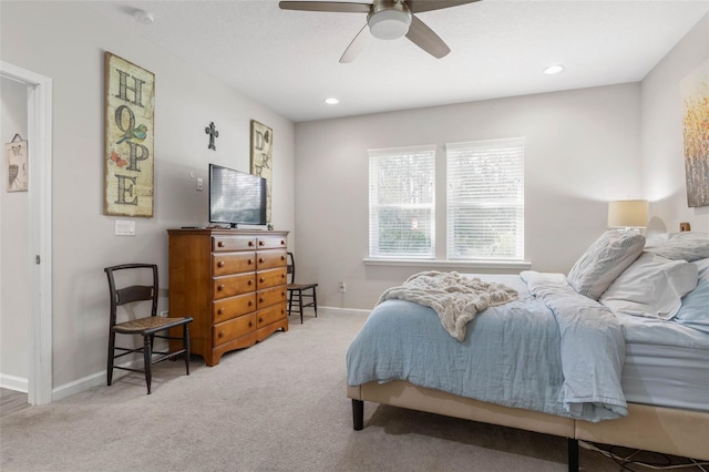 carpeted bedroom featuring baseboards, a ceiling fan, and recessed lighting