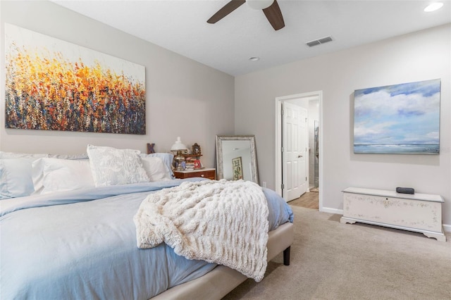 carpeted bedroom featuring a ceiling fan, recessed lighting, visible vents, and baseboards