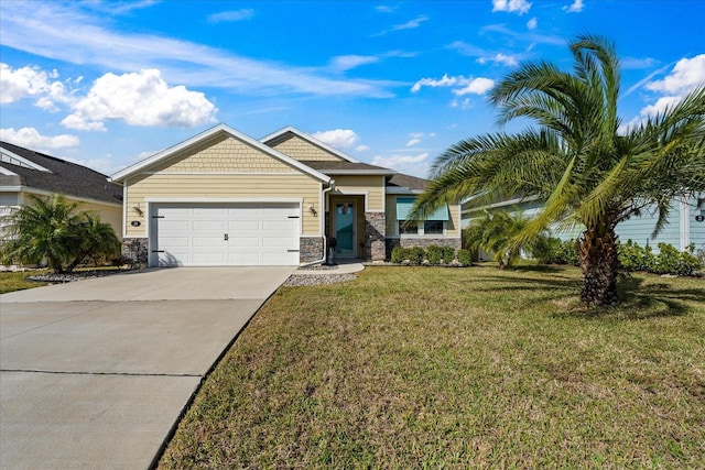 view of front of home with a garage, stone siding, a front lawn, and concrete driveway