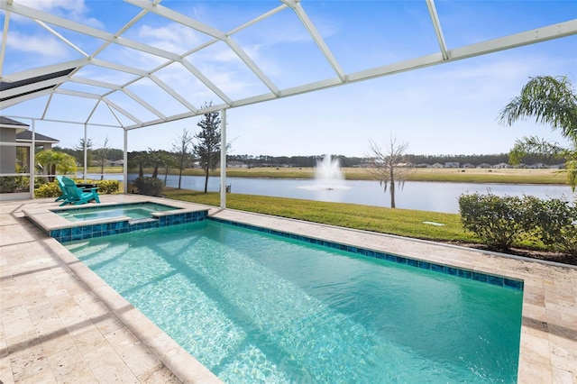 view of swimming pool with a water view, glass enclosure, a pool with connected hot tub, and a patio