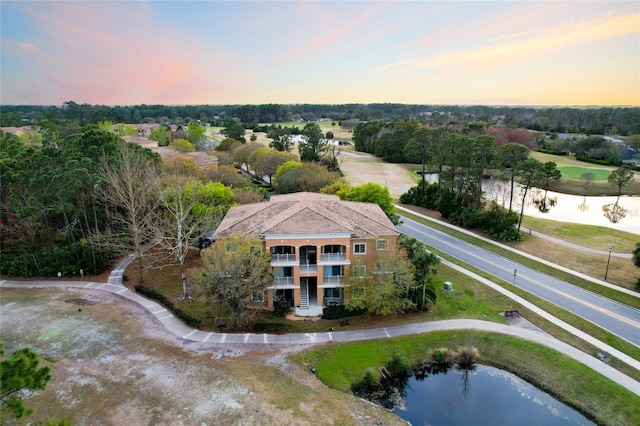 bird's eye view with a water view