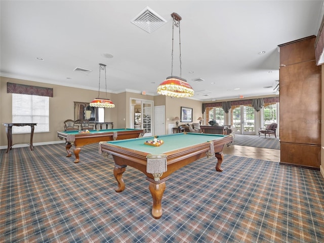 game room featuring ornamental molding, plenty of natural light, billiards, and visible vents