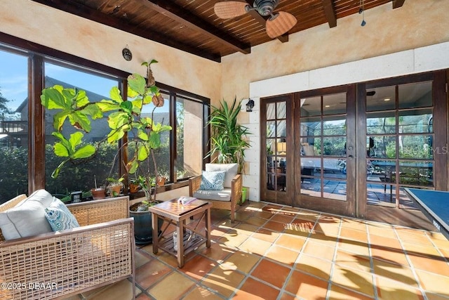 interior space with beamed ceiling, wooden ceiling, and a ceiling fan