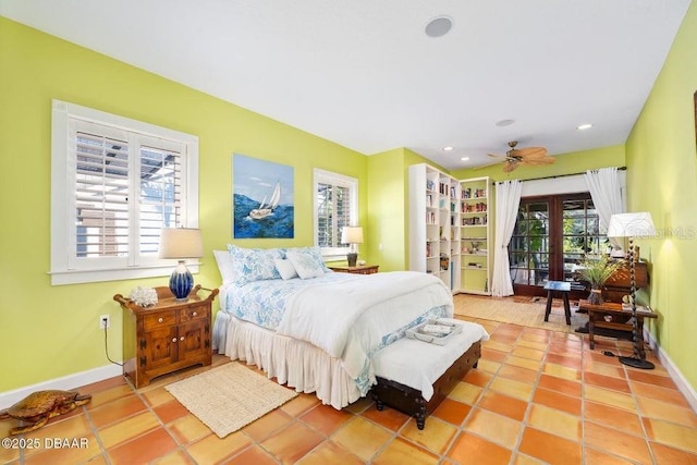 bedroom with access to outside, tile patterned flooring, baseboards, and recessed lighting