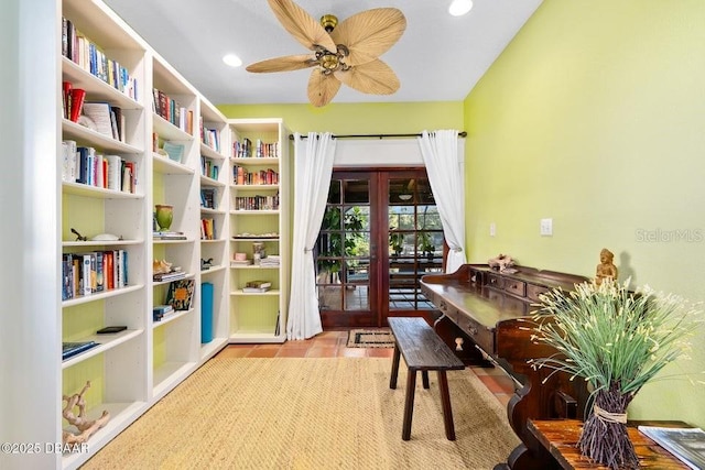 living area featuring recessed lighting, french doors, and ceiling fan