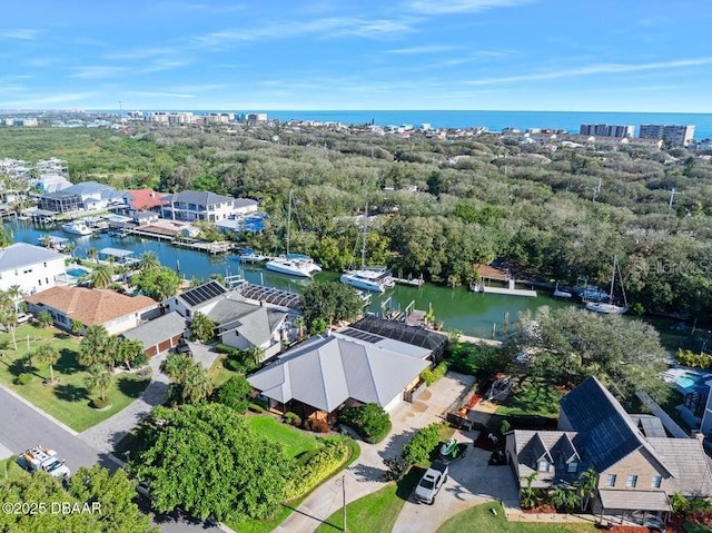 drone / aerial view featuring a water view