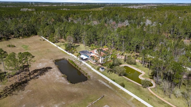 bird's eye view with a water view and a view of trees