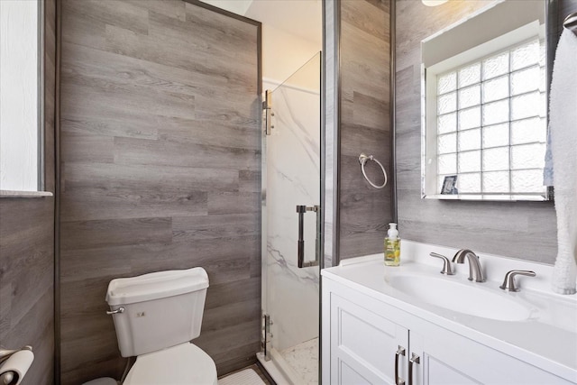 bathroom featuring a shower stall, toilet, and vanity