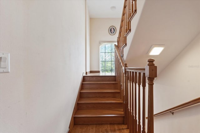 stairway featuring wood finished floors