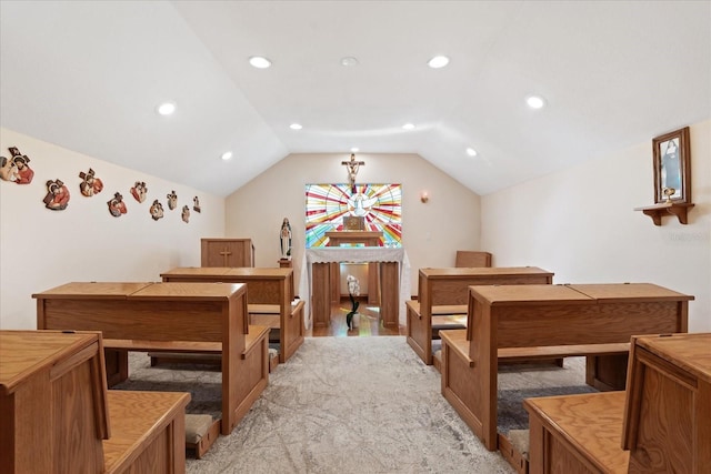 interior space with lofted ceiling, light carpet, and recessed lighting