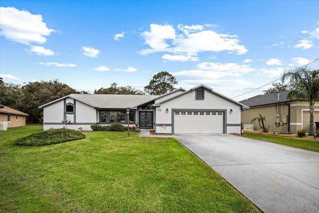 view of front facade with a front lawn, driveway, an attached garage, and stucco siding