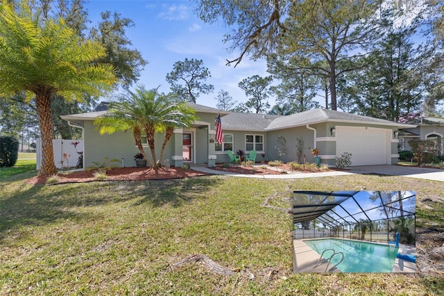 ranch-style home featuring stucco siding, concrete driveway, a front lawn, and a garage