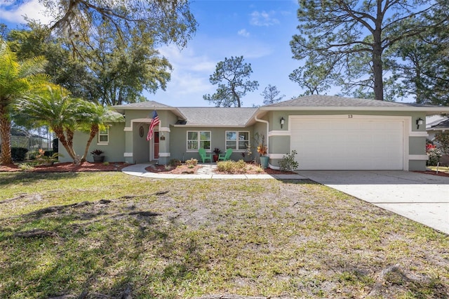 ranch-style house with a front yard, an attached garage, driveway, and stucco siding