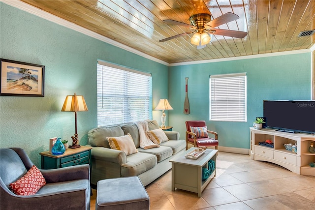 living area with light tile patterned floors, ceiling fan, wooden ceiling, visible vents, and crown molding