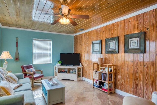 tiled living room featuring wood walls, wood ceiling, ceiling fan, and crown molding