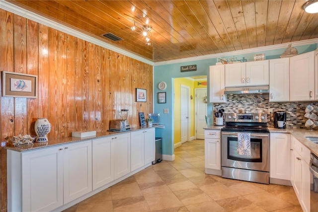 kitchen with electric range, wooden ceiling, visible vents, and under cabinet range hood