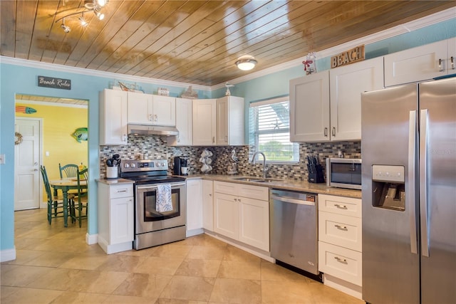 kitchen featuring crown molding, appliances with stainless steel finishes, wood ceiling, a sink, and under cabinet range hood